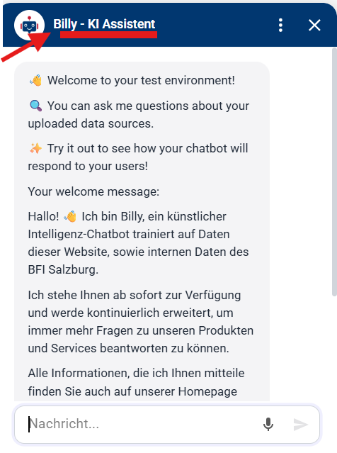 Vorschau: Der Chatbot-Name erscheint oben in der Kopfzeile des Chat-Fensters.