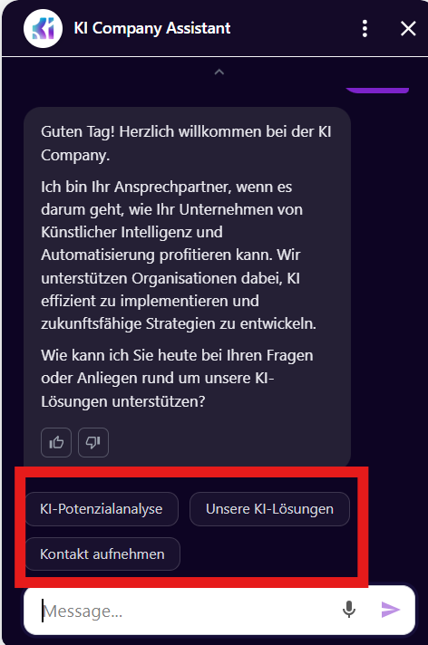 Vorschau: Die Gesprächsstarter erscheinen als anklickbare Buttons unter der Begrüßung.